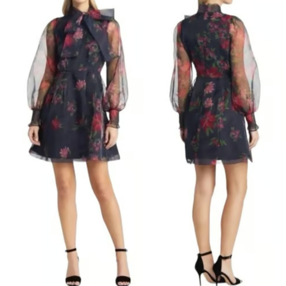 Rachel Parcell Floral Tie Neck Long Sleeve Satin Dress in Navy Floral Size‎ 2